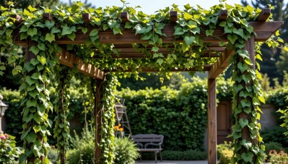 creeping ivy wrapping around garden pergola posts, thick beams providing stability, cinematic photorealistic wide shot capturing essential support structures for vines vividly
