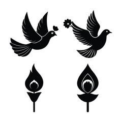 Illustration of two doves carrying flowers and two torches, , in a simple black and white style