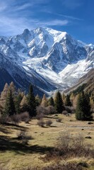 Fototapeta premium A breathtaking mountain view with a meadow in the foreground, set against a brilliant blue sky. Trees add depth to the natural landscape