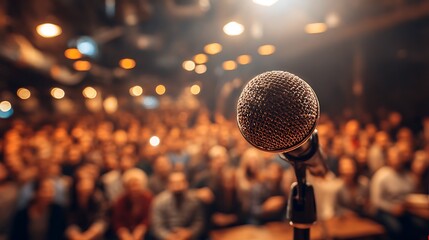 Comedy club microphone on stage with blurred clapping audience event hall background
