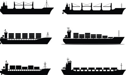Cargo ship silhouettes set, container ships icons, freight transportation vector, maritime shipping symbols, ocean freight vessels, large ship illustration, sea transport design