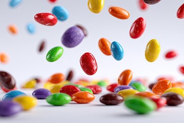 Colorful, oval-shaped candies in motion, falling and scattered across a white surface.  A close-up view showcases the vibrant colors and smooth texture of the candies