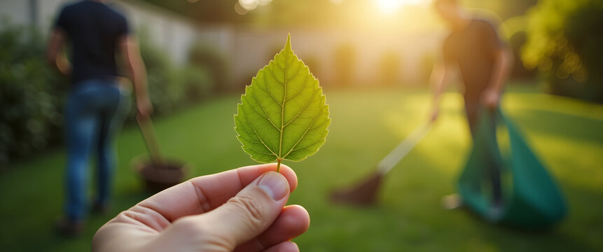Photo realistic image of a hand holding a cut leaf, symbolizing community cleanup efforts, showcasing community involvement and corporate social responsibility in environmental initiatives.