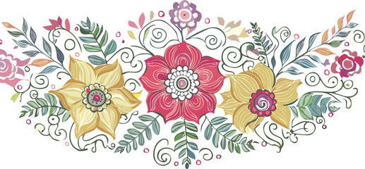 Floral Swirls With Yellow Red Pink Flowers leaves