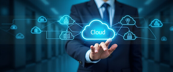 Business Professionals Engaging with Cloud Computing Diagrams: Visualizing Cloud Technology, Data Storage, and Online Data Management Systems - Stock Photo Concept with Space for Text