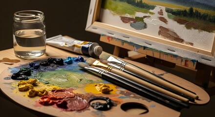 Fototapeta premium Artistic painting tools and canvas tray