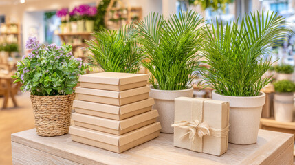 Green world, Indoor display with potted plants and decorative gift boxes on a wooden table.