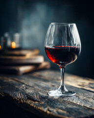A glass of red wine on a rustic wooden table.