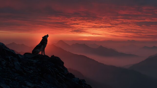 Powerful and majestic silhouette of a grey wolf howling at a spectacular, fiery sunset from a rocky cliff overlooking misty mountain ranges.