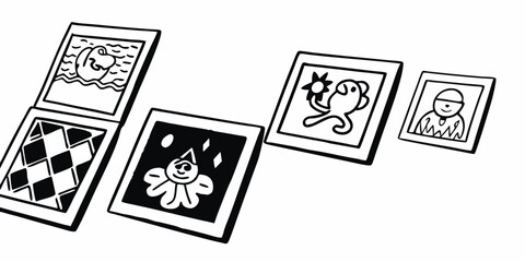Illustration of five square cards displaying various designs including a crocodile and a checkered pattern