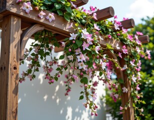 jasmine climbing balcony pergola, wooden posts and lattice supporting stems, cinematic photorealistic wide shot capturing essential support vividly