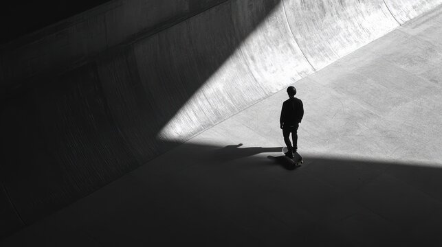 Lone skateboarder standing in sunlit concrete skatepark.