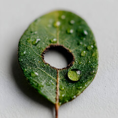 A green leaf with a hole in the center, covered in water droplets, on a light gray background.