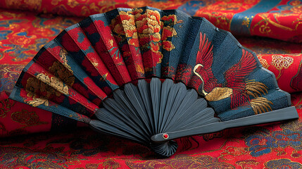 A hand fan with a dark blue handle and multicolored fabric panels lies on a red fabric background.