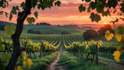 Naklejka premium Vineyard landscape during sunset with a dirt path, rolling hills, and rows of grapevines, capturing the beauty of nature and agriculture at dusk.