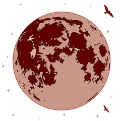 Stylized illustration of a large dark red moon with light pink craters and two birds flying against a white background with small stars