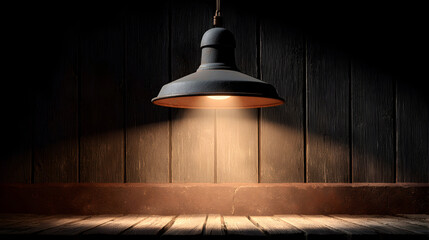 A hanging lamp illuminates a wooden surface.