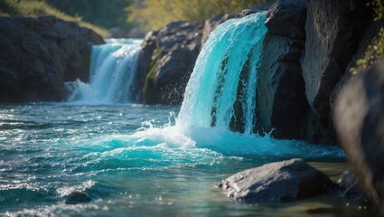 Naklejka premium Flowing water and waterfall in a river or stream. Natural landscape, water, and rocks. Scenic environment with cascading water.
