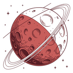 Stylized planet with rings and craters divided in red and white surrounded by stars © Mia1000