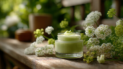 A jar of light green cream sits on a wooden surface surrounded by white flowers.