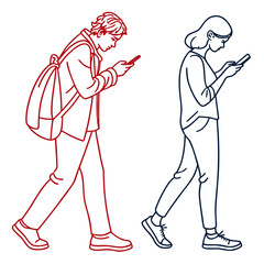 Two people walking and looking at their smartphones one in red outline the other in blue outline
