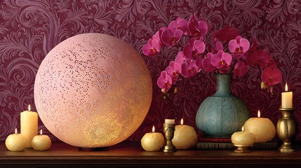 A large, textured sphere lamp sits on a dark wooden surface with candles and a vase of pink orchids against a dark purple patterned wall.