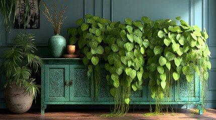 A large green plant cascading over a teal-colored wooden cabinet in a room with green walls.
