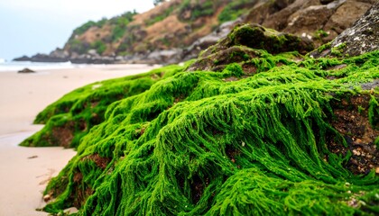 Lush green algae clings to dark rocks on a sandy beach, with a blurred coastal backdrop