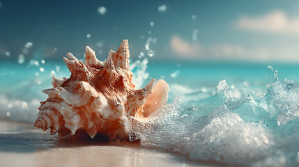 A large seashell on a beach with waves splashing around it.