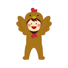 Cartoon child wearing a brown chicken costume, smiling and standing.