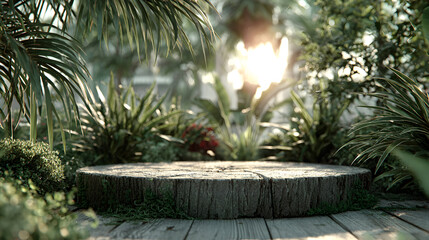 A large tree stump sits in a lush, tropical garden setting.