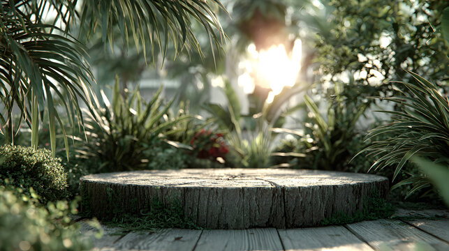 A large tree stump sits in a lush, tropical garden setting. - Powered by Adobe
