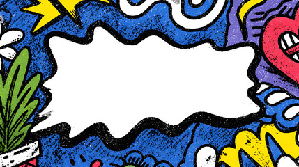 A large white speech bubble on a colorful doodle background.