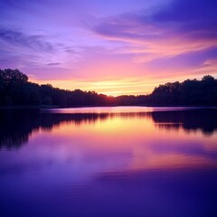 Fototapeta premium Vibrant purple and orange sunset over a calm lake with reflections of the sky and trees
