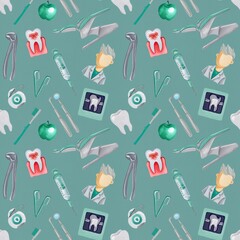 Watercolor seamless pattern with dentist elements and tools