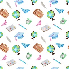 Watercolor seamless school supplies seamless background