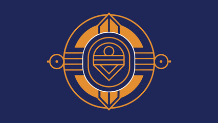 Ornate Circular Emblem with Geometric Lines and Orange and White Accents on Navy Blue Background abstract