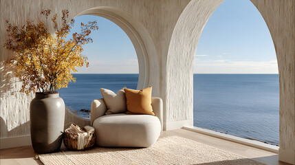 A light beige armchair sits in a room with arched windows overlooking the ocean.