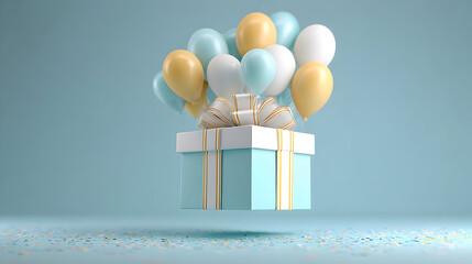 A light blue gift box with a pale yellow ribbon is surrounded by pastel-colored balloons against a light blue background.