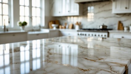 Modern kitchen interior with marble countertop, bright natural light, and white cabinets. Stylish and clean design, showcasing home decor and cooking space.