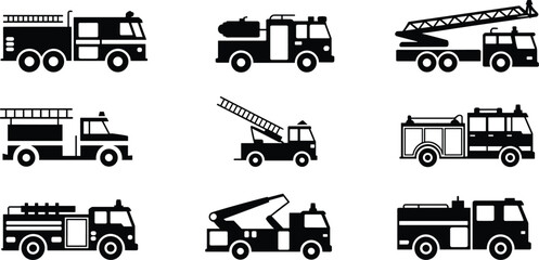 Fire truck silhouette set, emergency vehicle icons, fire engine illustrations, ladder truck images, firefighting transportation, rescue vehicle graphics © Titan