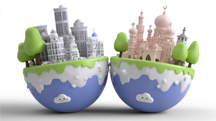 Green world, Creative illustration of two cityscapes in stylized globe shapes with greenery and clouds.