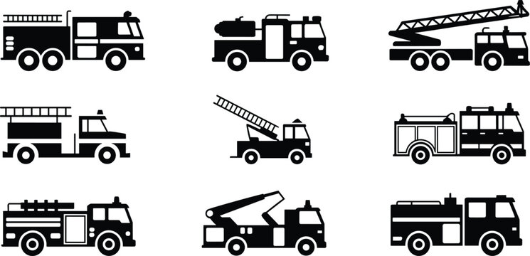 Fototapeta Fire truck silhouette set, emergency vehicle icons, fire engine illustrations, ladder truck images, firefighting transportation, rescue vehicle graphics