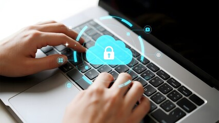 Hands typing on a laptop with a cloud security icon overlay