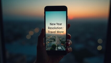 A hand holds a phone showing "New Year Resolution:: Travel More" against a sunset cityscape.