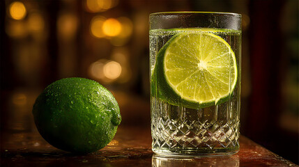 A lime wedge in a highball glass of clear liquid, with a whole lime beside it on a dark surface.