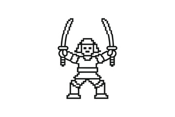 Pixelated Samurai Warrior Holds Katana Swords Isolated on White Background