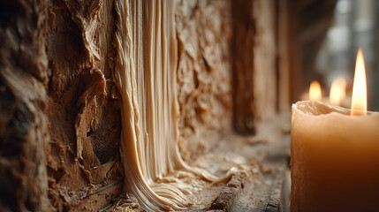 A lit candle next to a textured wooden surface.