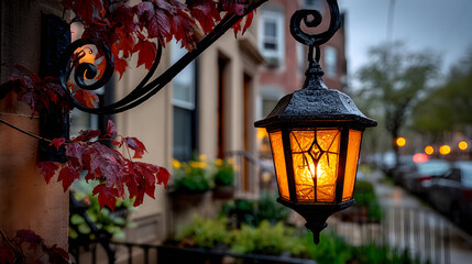 A lit outdoor lantern hanging on a building's exterior wall at dusk.