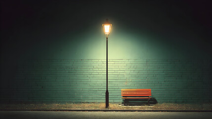 A lit street lamp at night with a bench in front of a teal wall.